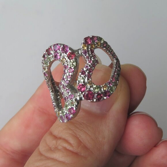 Double Heart Rhodolite Garnet Peridot Gemstone 925 Sterling Silver Ring Size 9 - Picture 15 of 15